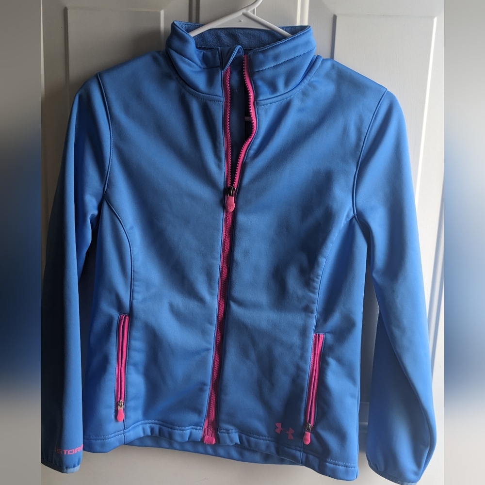 Under Armour Youth Size Large Full Zip Pink Blue Jacket Lined Back to School